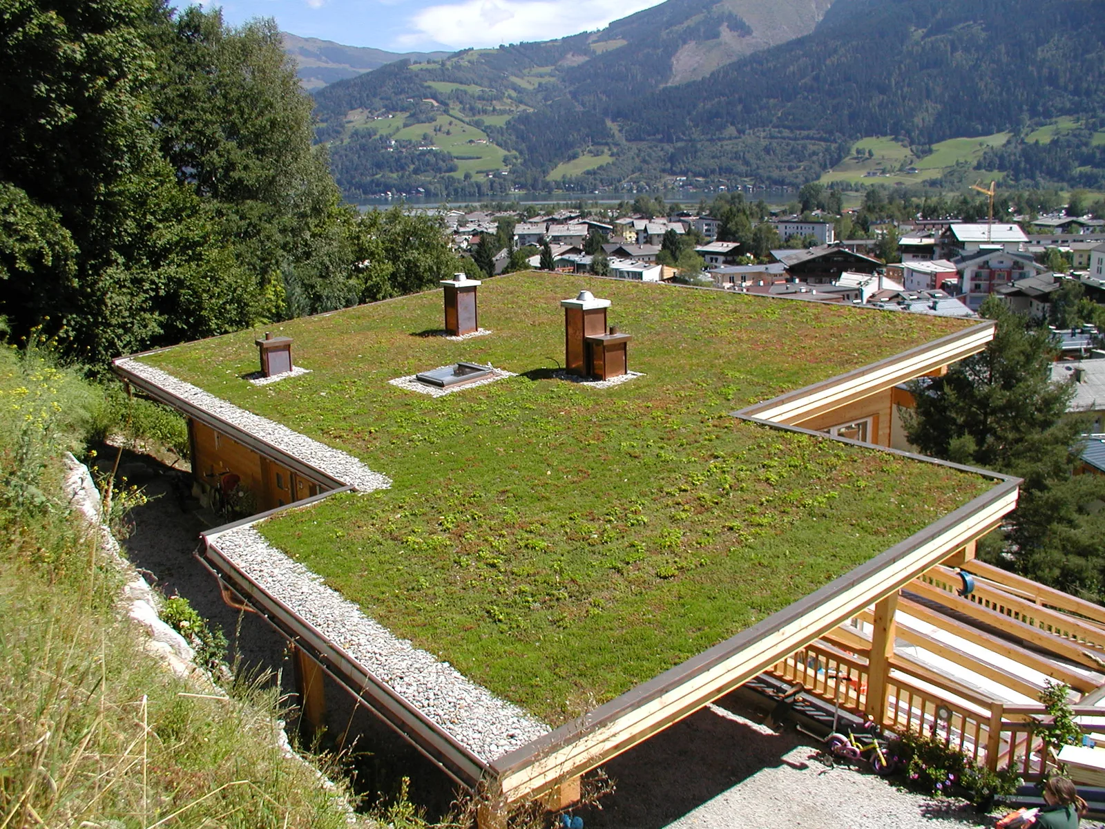 Begrüntes Flachdach eines Wohnhauses am Hang, dahinter Ort und Berge
