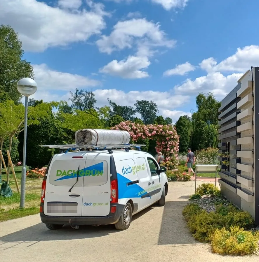 Weißer Firmenwagen mit DACHGRÜN-Beschriftung und Rolle auf dem Dachträger, daneben ein Wandbegrünungssystem in einem Park